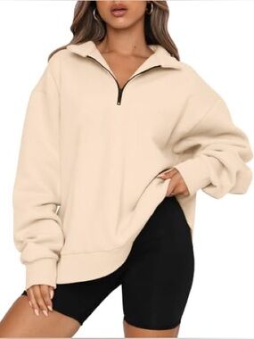 Trendy Queen Women's Half-Zip Pullover Hoodie in Light Taupe